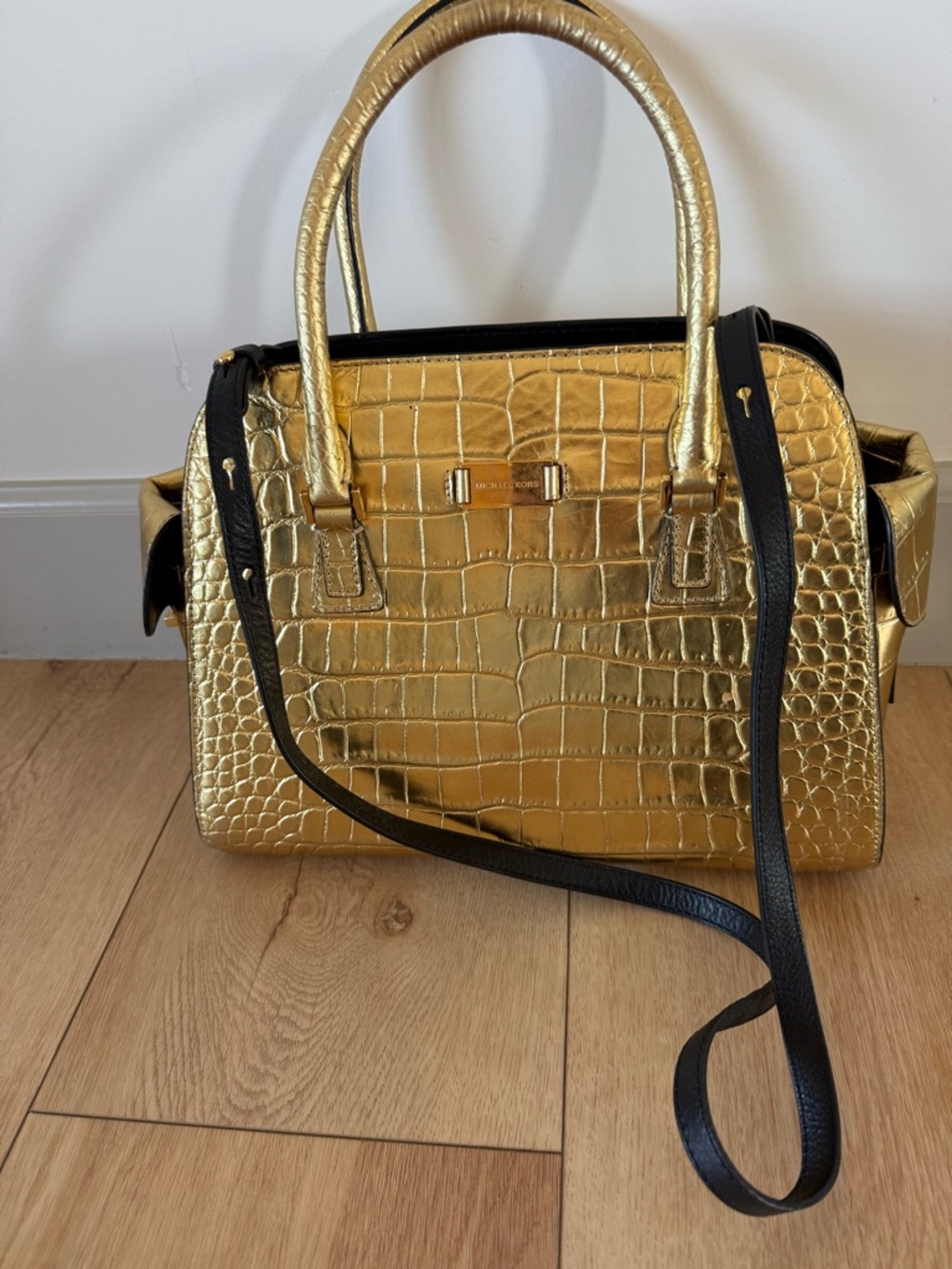 Michael Kors Gold Croc-Embossed Satchel with Black Strap
